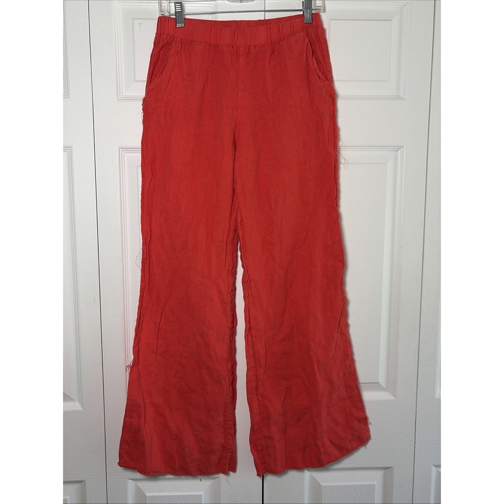 Krisa Wide Leg Linen Pants Womens Size XS Red Raw Edge Boho Coastal Summer